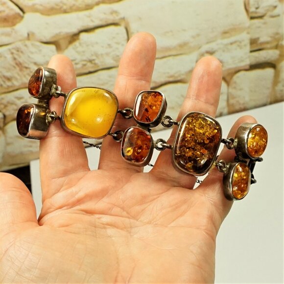 82g Rare Multi Amber and 925 Silver Heavy Link BRACELET - OOAK Gift For Her - Picture 3 of 16